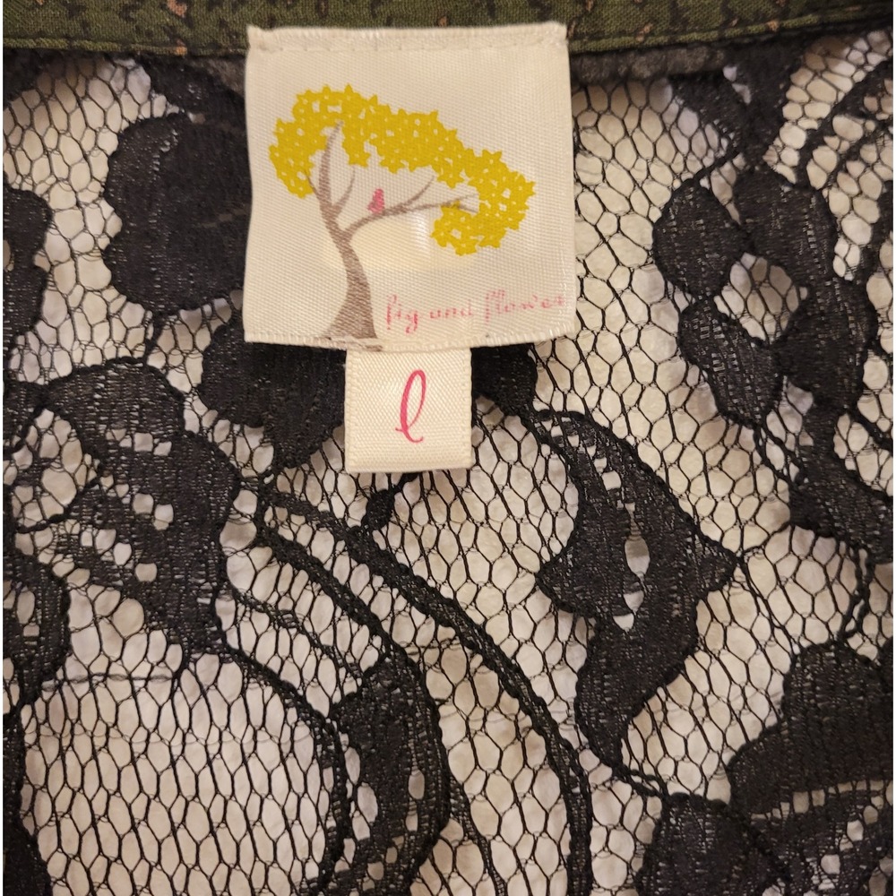 Fig and Flower Abstract Print Button Front Shirt Top Lace Back Green L - Picture 4 of 8